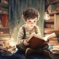 Drawing of a small reading boy, sitting in his room