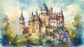 Enchanting Watercolor Illustration of a Fairy Tale Castle Fit for a Prince and Princessand