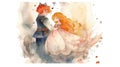 Enchanting Watercolor Illustration of a Fairy Tale Princess and Knight for Children\'s Books.