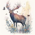 An enchanting watercolor illustration of a majestic stag standing among a forest of branches and flowers