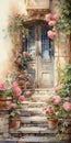 Enchanting Watercolor Postcard: Old Green Door Surrounded By Red Roses