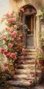Enchanting Watercolor Postcard: Old Green Door Surrounded By Red Roses Royalty Free Stock Photo