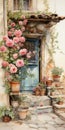 Enchanting Watercolor Postcard: Rusticcore Rear Entrance With Old Green Door Royalty Free Stock Photo