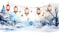 Enchanting Watercolor Snowy Christmas Scene with Festive Lanterns and Garlands AI Generated
