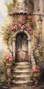 Delicate Watercolor Of Castle Entrance With Roses