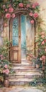 Dreamy Entrance: A Beautiful Painting Of A Doorway With Roses