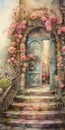 Dreamy Watercolor Painting: Door Surrounded By Roses
