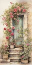 Dreamy Watercolor Painting Of An Old Door With Roses