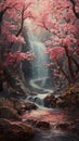 Enchanting Waterfall Forest: A Princess\'s Paradise of Pink Cherr