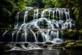 Enchanting Waterfall Oasis. A Serene Cascade Amidst Vivid Greenery and Moss-Adorned Rocks