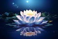 Enchanting white lotus flower glowing in moonlight on dark blue water background Royalty Free Stock Photo