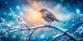 Enchanting Winter Scene A Double Exposure of a Bird Perched on Snowy Branches Capturing the Magic of a Royalty Free Stock Photo