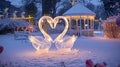 Enchanting winter scene with glowing ice swan sculpture.