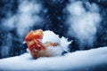 Enchanting winter scene. Young red-plumed birdling enjoying a gentle snowfall. AI-generated