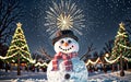 Enchanting Winter Snowman\'s Glow Amongst Pine Trees and Warm Light