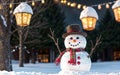 Enchanting Winter Snowman\'s Glow Amongst Pine Trees and Warm Light