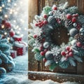 Enchanting Winter Wonderland with Festive Christmas Wreath, AI Generated Royalty Free Stock Photo