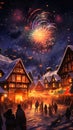 Enchanting Winter Wonderland: A Quaint Village Lit by Fireworks