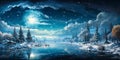 Enchanting winter wonderland scene with freshly fallen snow, sparkling under a magical blue sky filled with soft falling Royalty Free Stock Photo