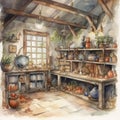 Enchanting Witch Room Watercolor on White Background for Invitations and Posters.