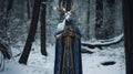 Enchanting Woman In Blue And Gold Cloak With Horns In Snowy Forest Royalty Free Stock Photo