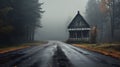 Enchanting Wooden Cabin On A Serene Road In The Woods Royalty Free Stock Photo