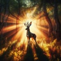 The mythical Jackalope stands in woodlands, bathed in the glorious morning sunrise Royalty Free Stock Photo