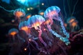 Enchanting world of bioluminescence during a night dive, glow of plankton and other bioluminescent organisms deep