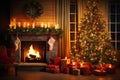 Enchanting Yuletide Interior Christmas with Magic Glowing Tree, Fireplace, and Gifts in the Dark, created with Generative AI Royalty Free Stock Photo
