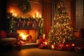 Enchanting Yuletide Interior Christmas with Magic Glowing Tree, Fireplace, and Gifts in the Dark, created with Generative AI