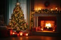 Enchanting Yuletide Interior Christmas with Magic Glowing Tree, Fireplace, and Gifts in the Dark, created with Generative AI Royalty Free Stock Photo
