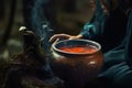 Enchantress making a magic potion in a cauldron in the woods - Generative AI