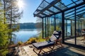 enclosed glass cabin offering panoramic lake views, solar panels outside