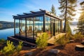 enclosed glass cabin offering panoramic lake views, solar panels outside