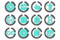 A set of twelve circular icons, each with a distinctive design, featuring turquoise symbols on a white background Royalty Free Stock Photo