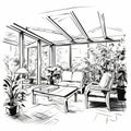 Exotic Black And White Sunroom Sketch - Clean And Sharp Inking Style