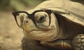 Encounter venerable turtle with poor eyesight, relying on glasses for clarity. Creating using generative AI tools