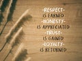 Encouragement quote of respect is earned honesty is appreciated trust is gained loyalty is returned. Written on wooden surface.