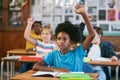 Encouraging engagement. a diverse group of children sitting in their school classroom and raising their hands to answer Royalty Free Stock Photo