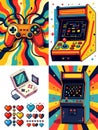 Retro Gaming Collage Kit â Pixel Art Consoles, Controllers & Heart Icons in Psychedelic Style Royalty Free Stock Photo