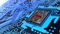 Encrypted data cybersecurity concept circuit board in blue