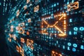 Encrypted email concept glowing icons among streams of binary cyber security theme