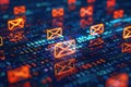 Encrypted email concept glowing icons among streams of binary cyber security theme