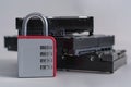 Encrypted hard disk. Padlock with cipher on an opened hard disk. Data loss. computer motherboard. the concept of data