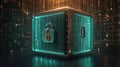 Encrypted server glowing with padlock symbol in matrix-style background. Cybersecurity, Data Privacy Royalty Free Stock Photo