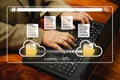 Encryption with file transfer concept : Business man use laptop for remote and download or upload folder document picture by