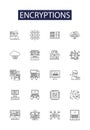 Encryptions line vector icons and signs. Cryptography, Coding, Cybersecurity, Ciphers, Obfuscation, Hashing, Algorithms Royalty Free Stock Photo