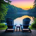 At the end of a the backs of two adirondack chairs await the early morning summer