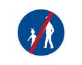 End command road sign. Pedestrian path, footpath, road sign, vector icon. Blue circle button. White silhouette of people