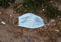 Stop Covid 19. The end of coronavirus. People discard surgical protective face mask on a public streets. Dirty used medical mask